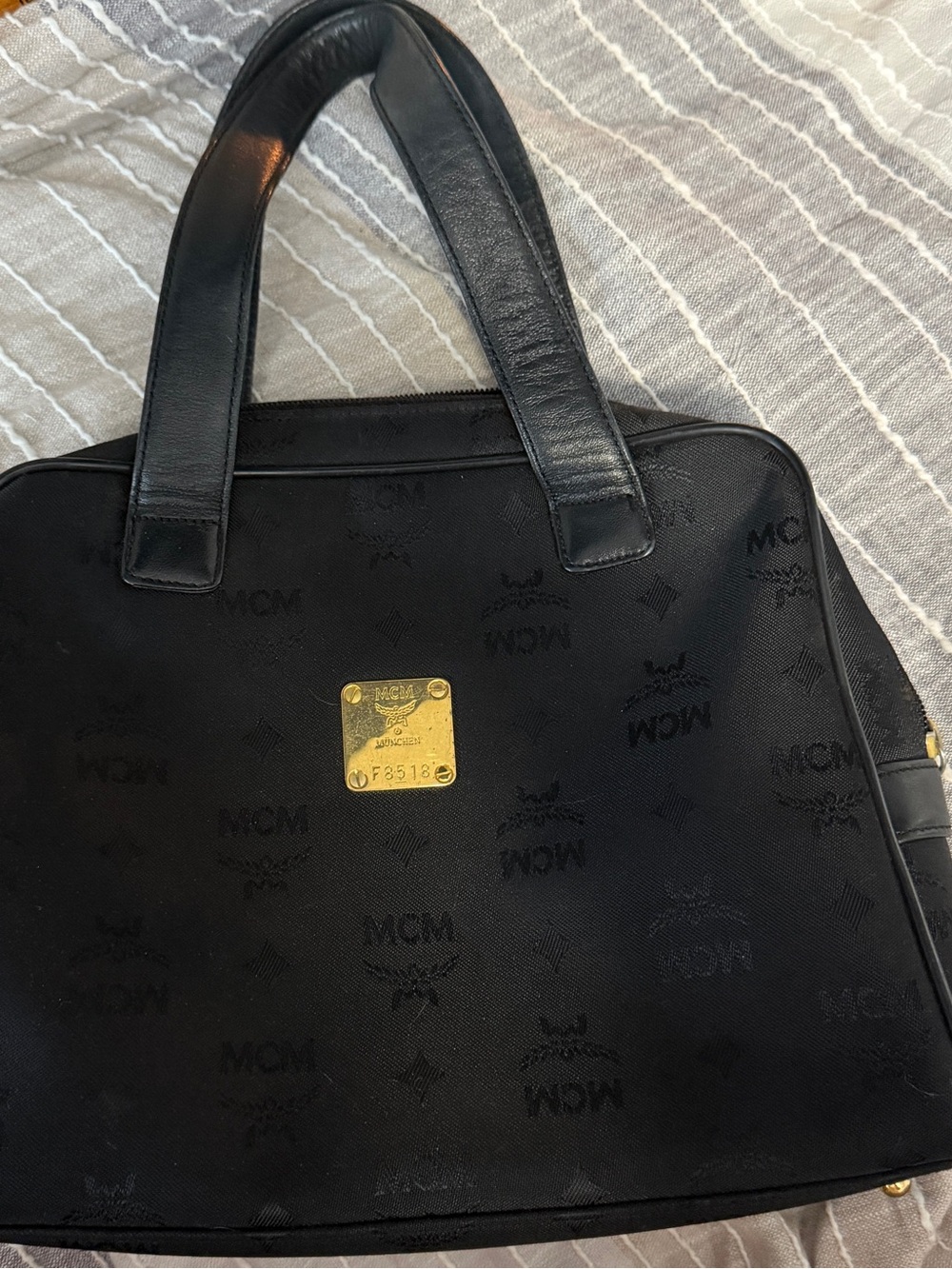 MCM Black Logo top handle tote with Gold Plaque